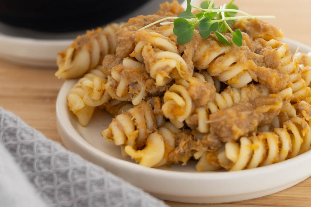 Beef and Vegetable Puree served as a pasta sauce for self feeding and Baby Led Weaning.