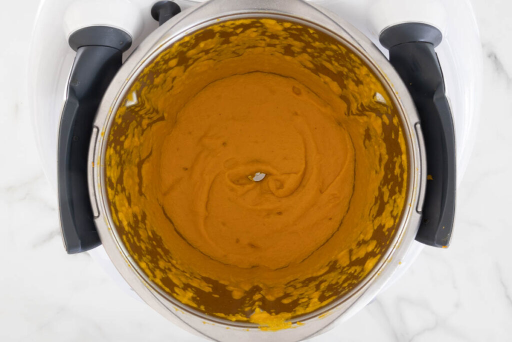 Step 5 of Butternut Squash Pasta process in a Thermomix, blending the sauce.