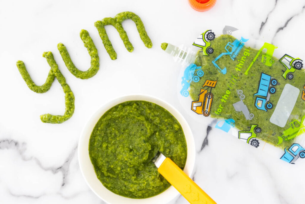 Green combination baby puree served in a bowl alongside a reusable pouch.