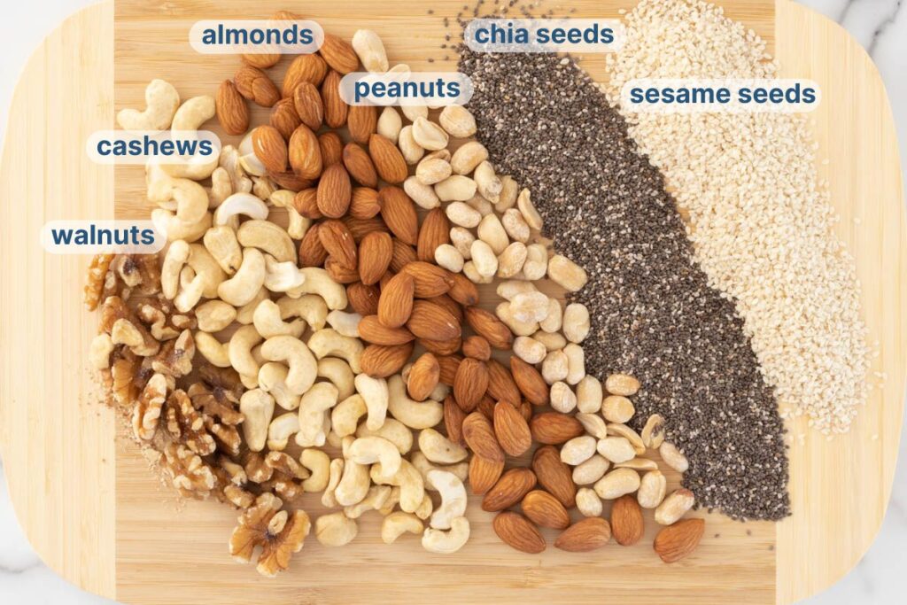 Nut and Seed Sprinkle labelled ingredients on a chopping board.