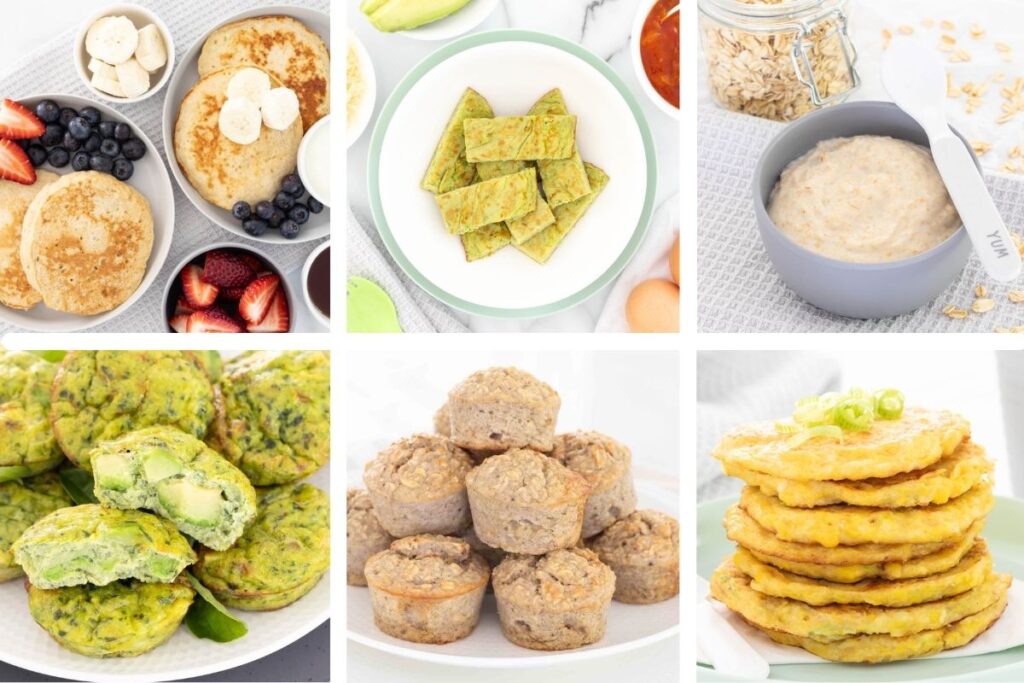 Collage of baby and toddler breakfast recipes: banana pancakes, omelette, baby oatmeal, corn fritters, banana muffins and avocado egg muffins.